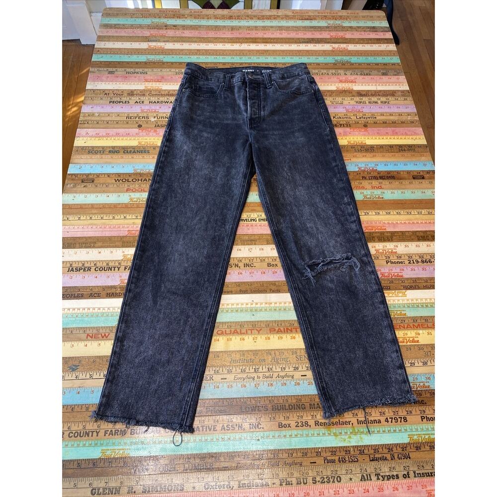 Old Navy Jeans Sz 2 Black Extra High Rise Straight Leg Distress Denim Button Fly